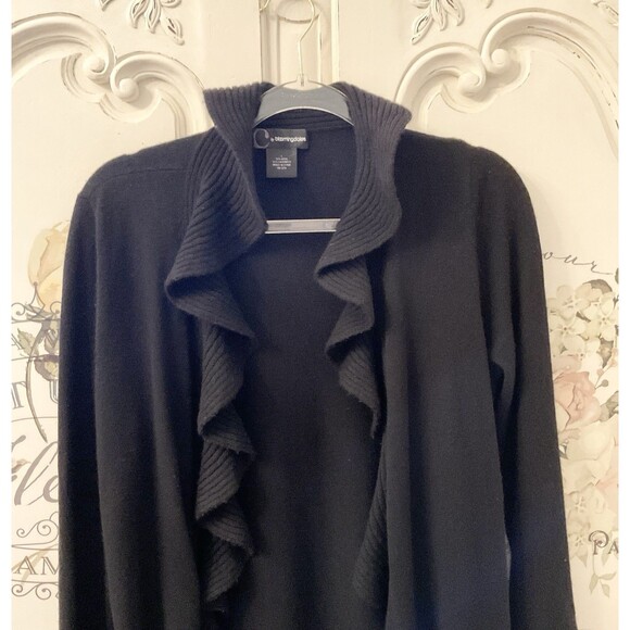 Bloomingdale’s Sweater Women's L Black Cardigan Long Ruffled Wool Cashmere Blend - Picture 6 of 14
